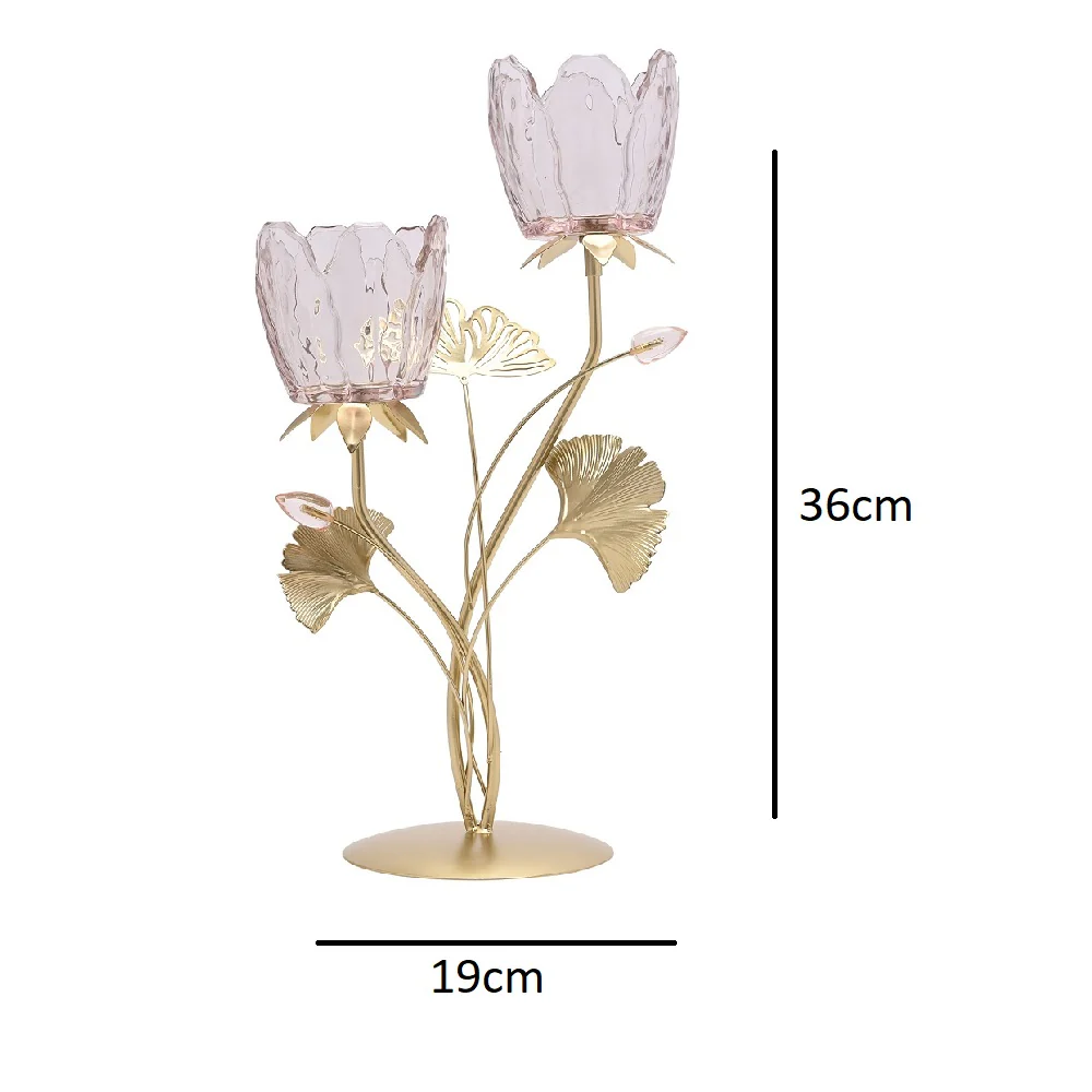 Britalia Gold Metal and Pink Glass Double Stem Flowers Tea Light Candle Holder 36cm - Image 4