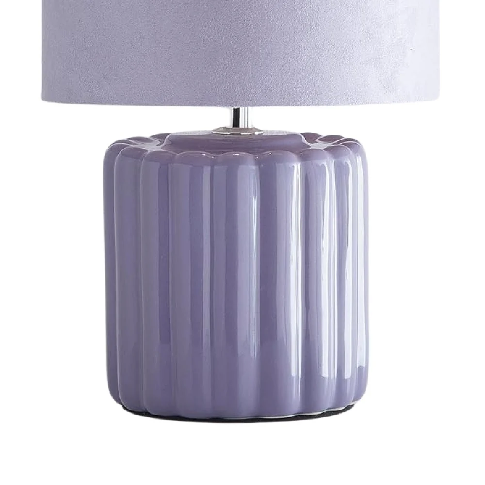 Lilac Ribbed Ceramic Vintage Table Lamp with Velvet Drum Shade 33cm - Image 3