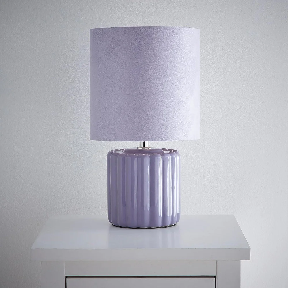 Lilac Ribbed Ceramic Vintage Table Lamp with Velvet Drum Shade 33cm - Image 4