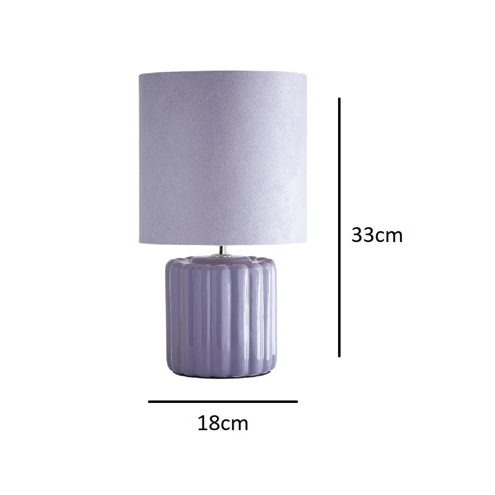 Lilac Ribbed Ceramic Vintage Table Lamp with Velvet Drum Shade 33cm - Image 5
