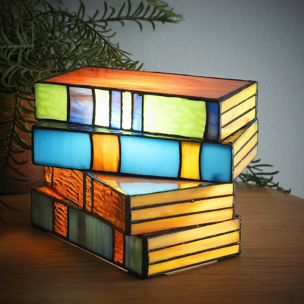 Multi Coloured Stained Glass Stack of Books Tiffany Style Table Lamp 20cm - Image 3