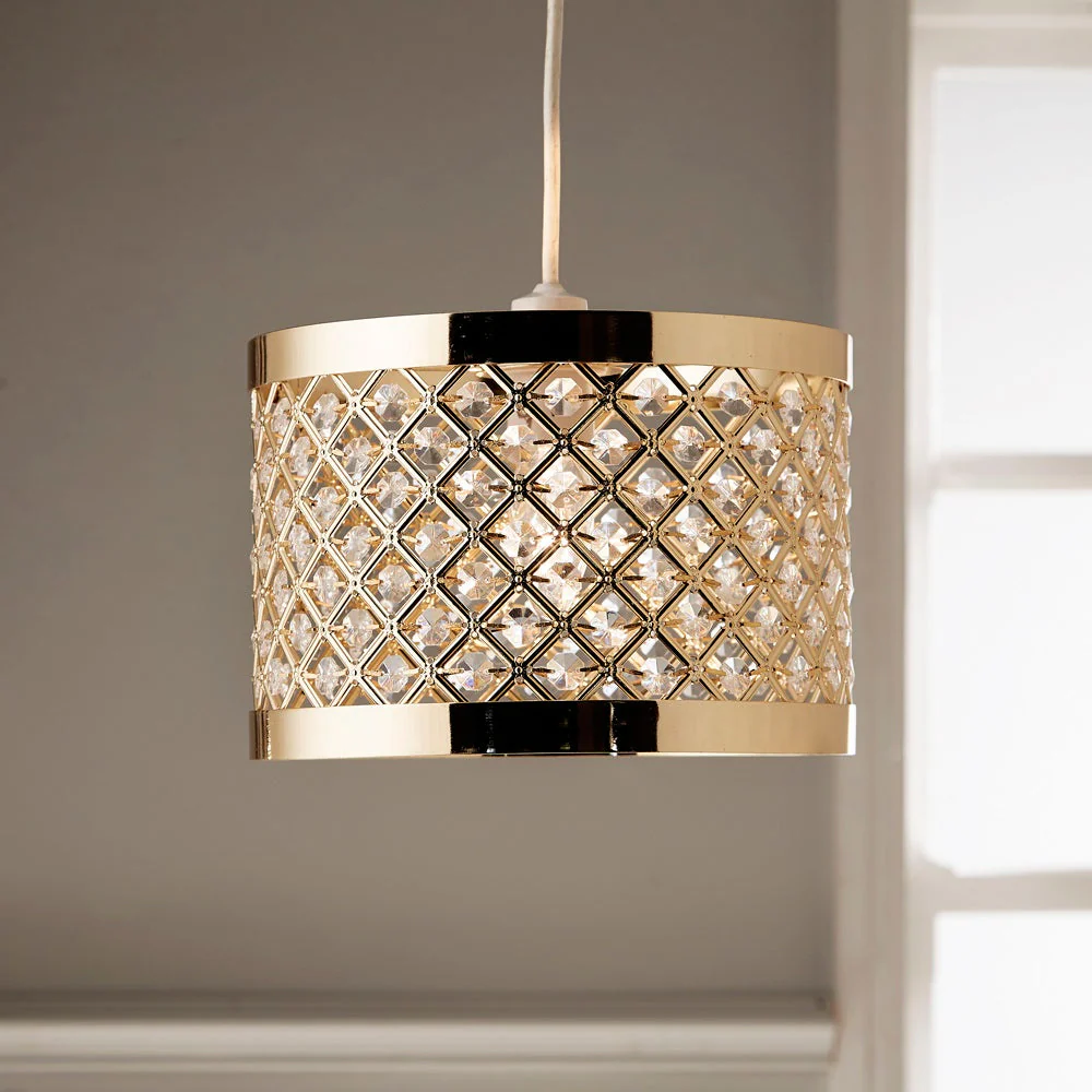 Britalia Polished Gold & Acrylic Jewels Modern Easy Fit Drum Pendant Shade 26cm - Image 3