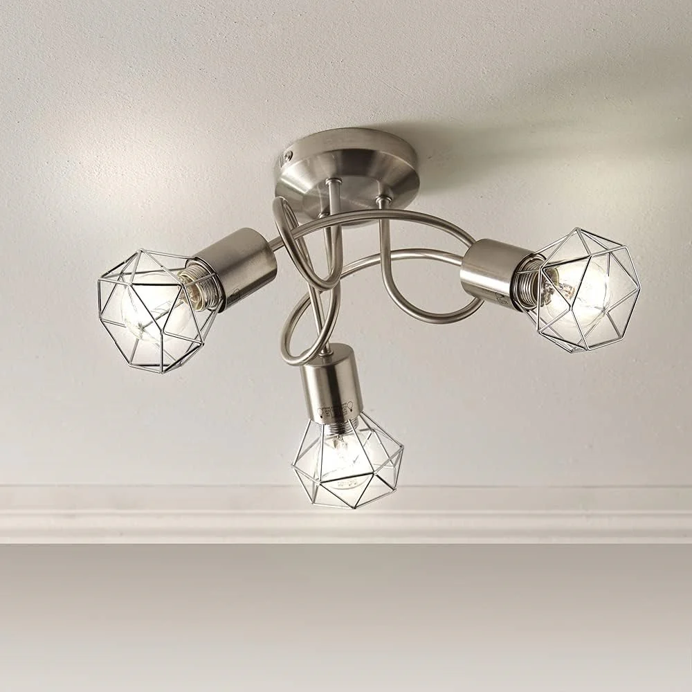 Satin Nickel Swirl Vintage Cage 3 Lamp Semi Flush Ceiling Light 36cm - Image 3