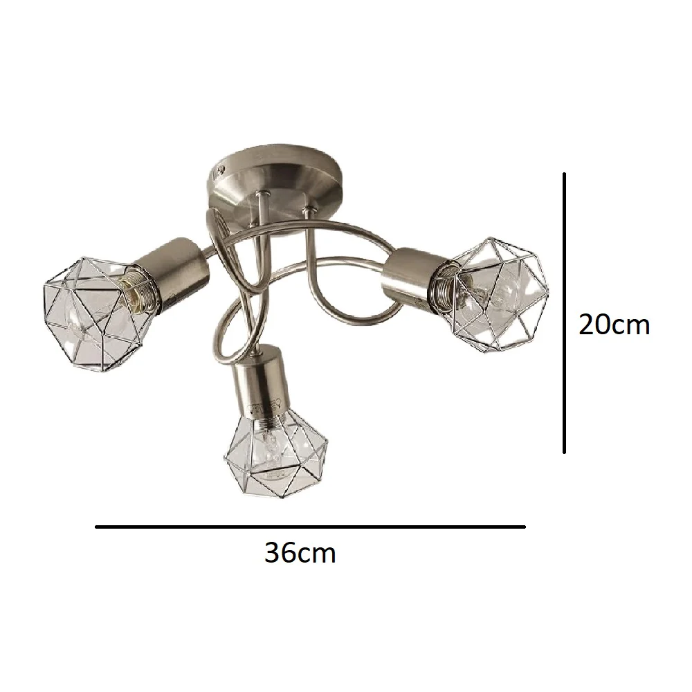Satin Nickel Swirl Vintage Cage 3 Lamp Semi Flush Ceiling Light 36cm - Image 4