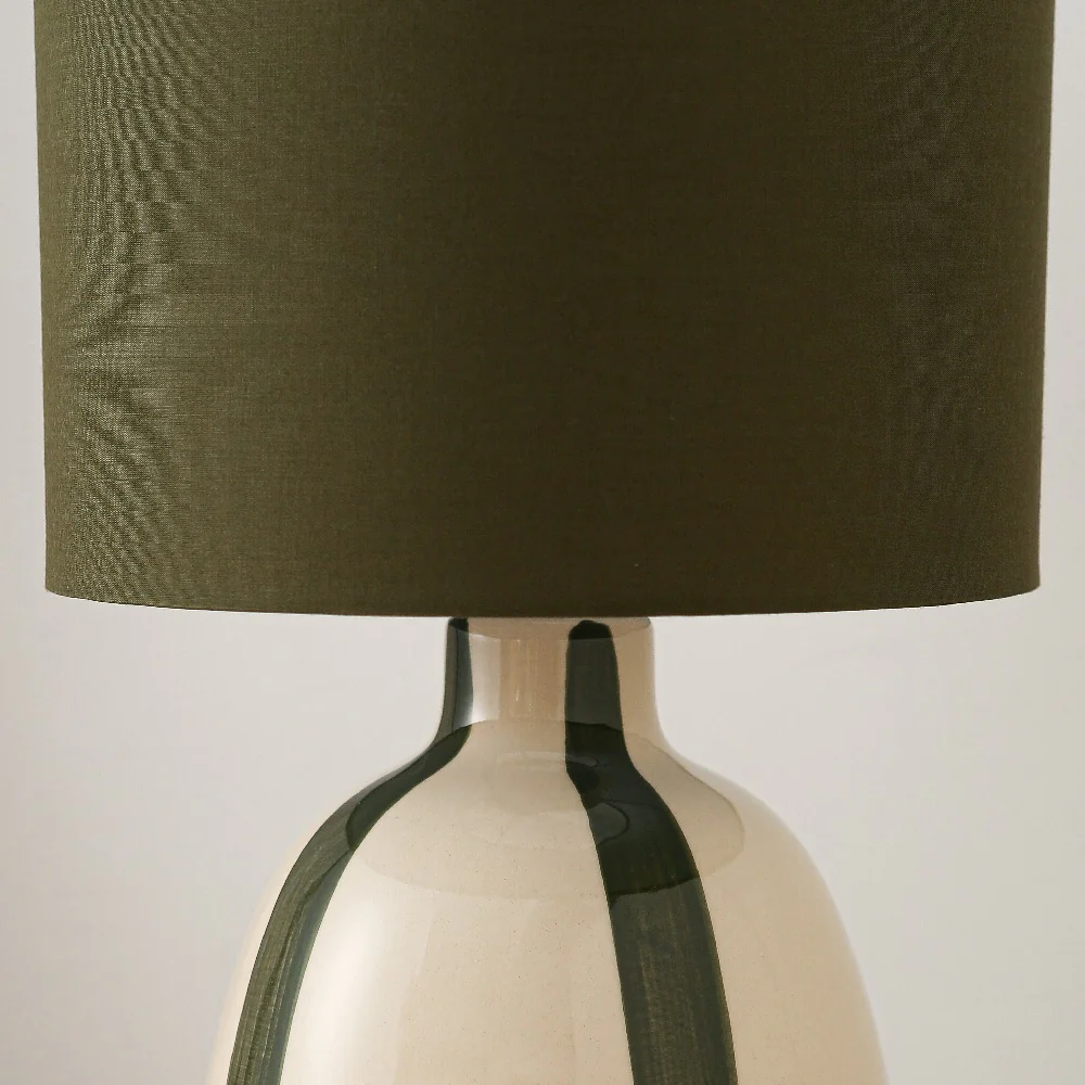 Olive Green Stripe and Cream Ceramic Modern Table Lamp with Olive Green Drum Shade 42cm - Image 3