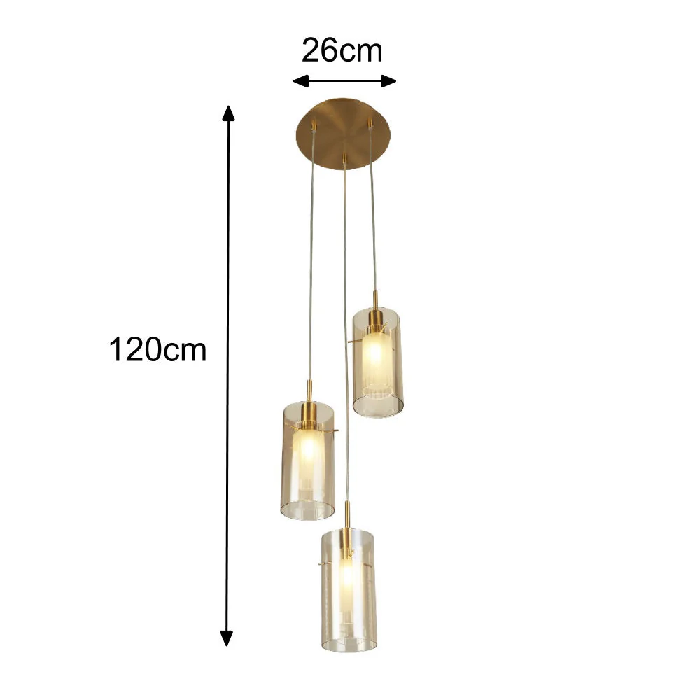 Bronze & Champagne Cylinder Glass Modern 3 Lamp Cluster Pendant Light 26cm - Image 5