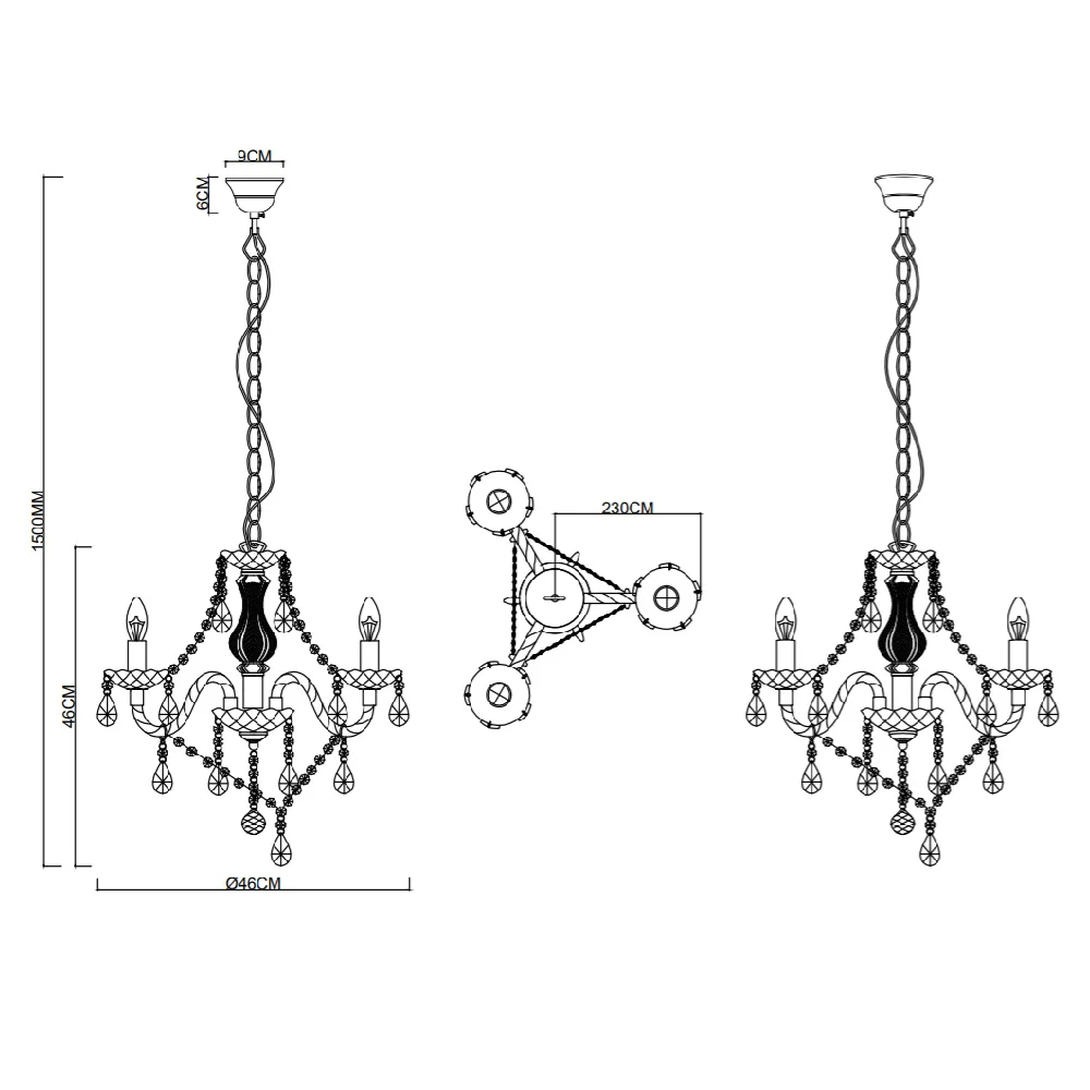 Chrome & Multicolour Acrylic Crystal Traditional 3 Lamp Pendant Chandelier - Image 3