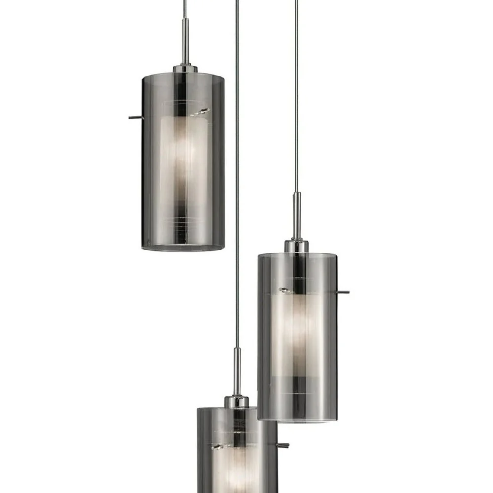 Chrome & Smoked Cylinder Glass Modern 3 Lamp Cluster Pendant 26cm - Image 2