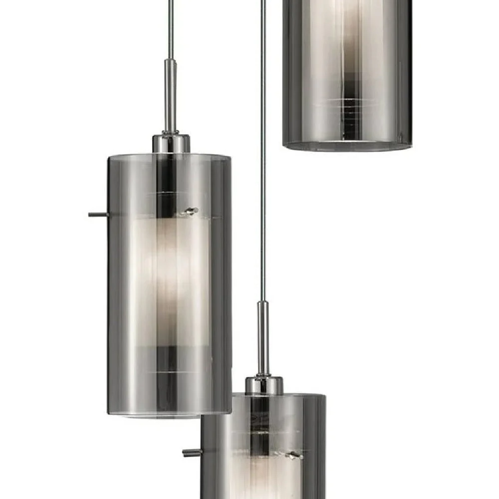 Chrome & Smoked Cylinder Glass Modern 3 Lamp Cluster Pendant 26cm - Image 3