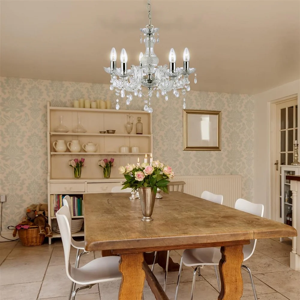 Clear & Chrome 5 Lamp Traditional Chandelier Pendant Ceiling Light 480mm - Image 3