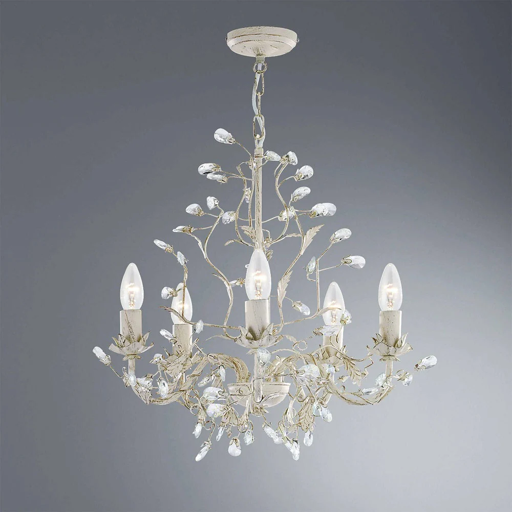 Cream Gold & Crystal Metal Vintage Shabby Chic 5 Lamp Pendant Light 50cm - Image 4