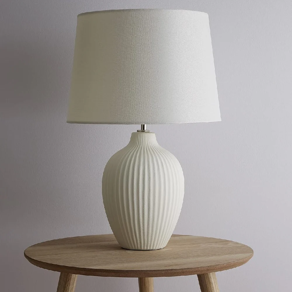 Cream Ribbed Ceramic Modern Table Lamp with Cream Drum Shade 51cm - Image 3