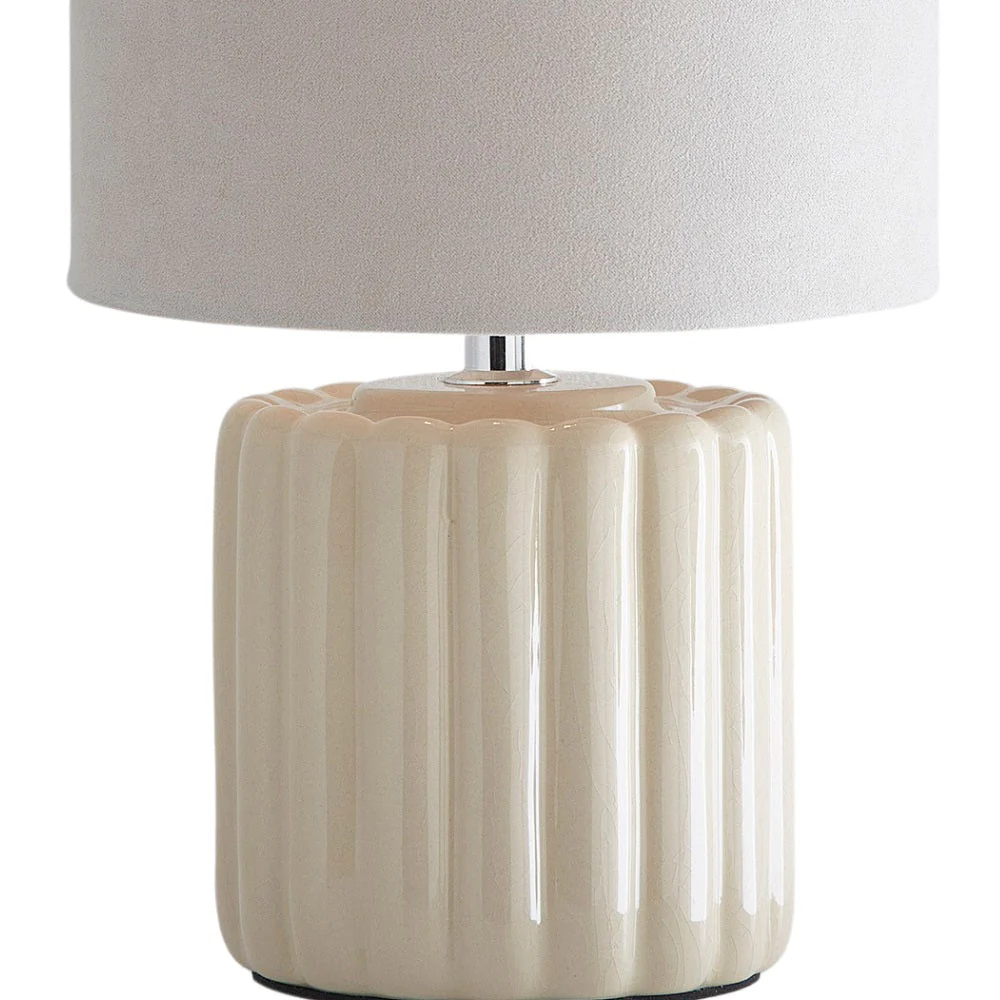 Cream Ribbed Ceramic Vintage Table Lamp with Velvet Drum Shade 33cm - Image 2
