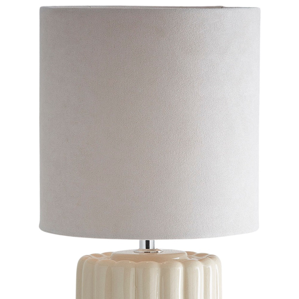 Cream Ribbed Ceramic Vintage Table Lamp with Velvet Drum Shade 33cm - Image 3