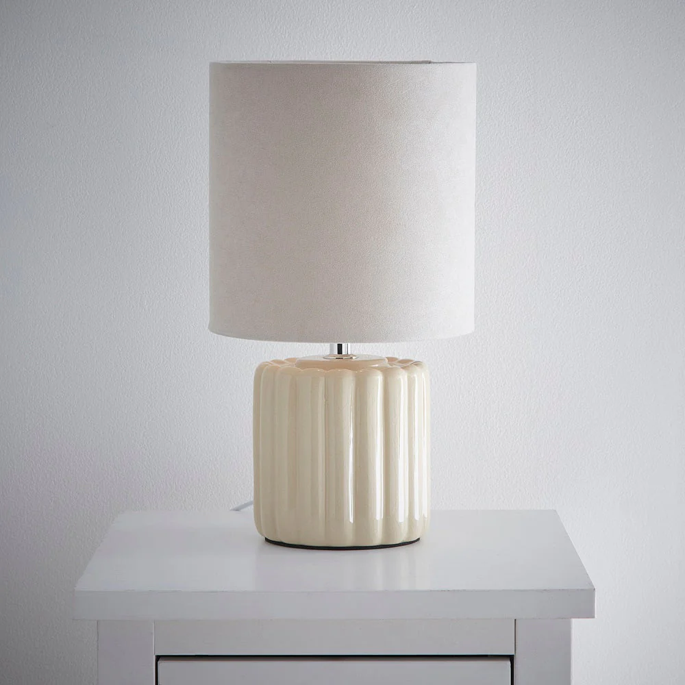 Cream Ribbed Ceramic Vintage Table Lamp with Velvet Drum Shade 33cm - Image 4