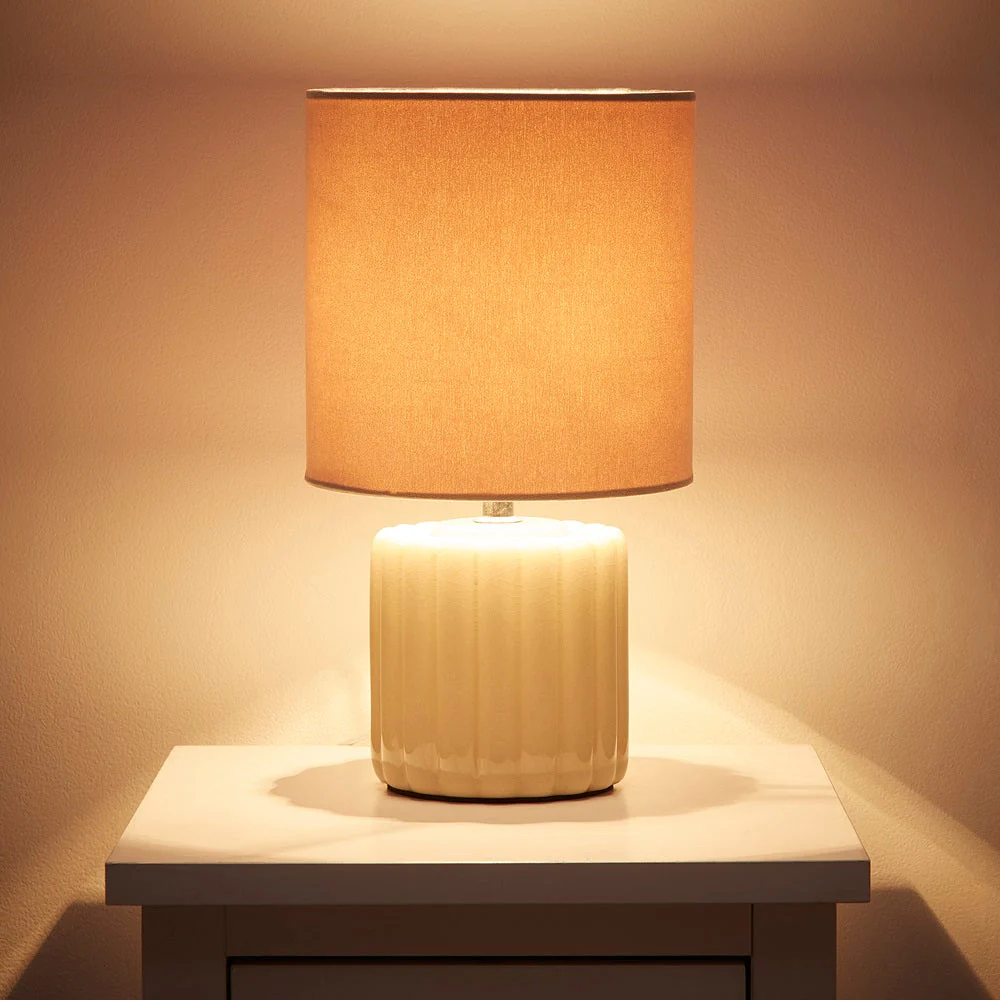 Cream Ribbed Ceramic Vintage Table Lamp with Velvet Drum Shade 33cm - Image 5
