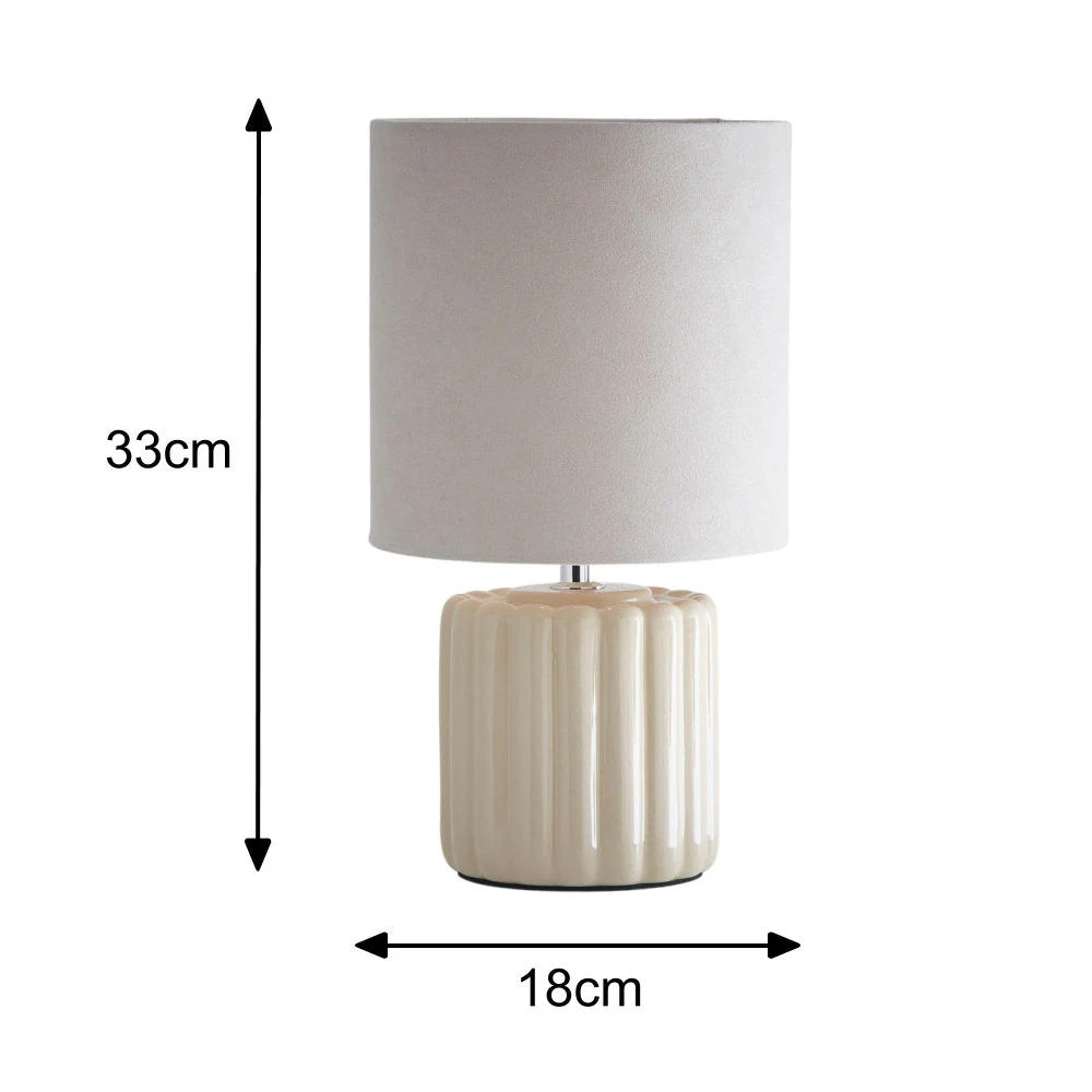 Cream Ribbed Ceramic Vintage Table Lamp with Velvet Drum Shade 33cm - Image 6