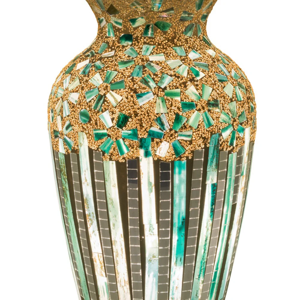 Green Art Deco Flower Mosaic Glass Vintage Vase Table Lamp 38cm - Image 2