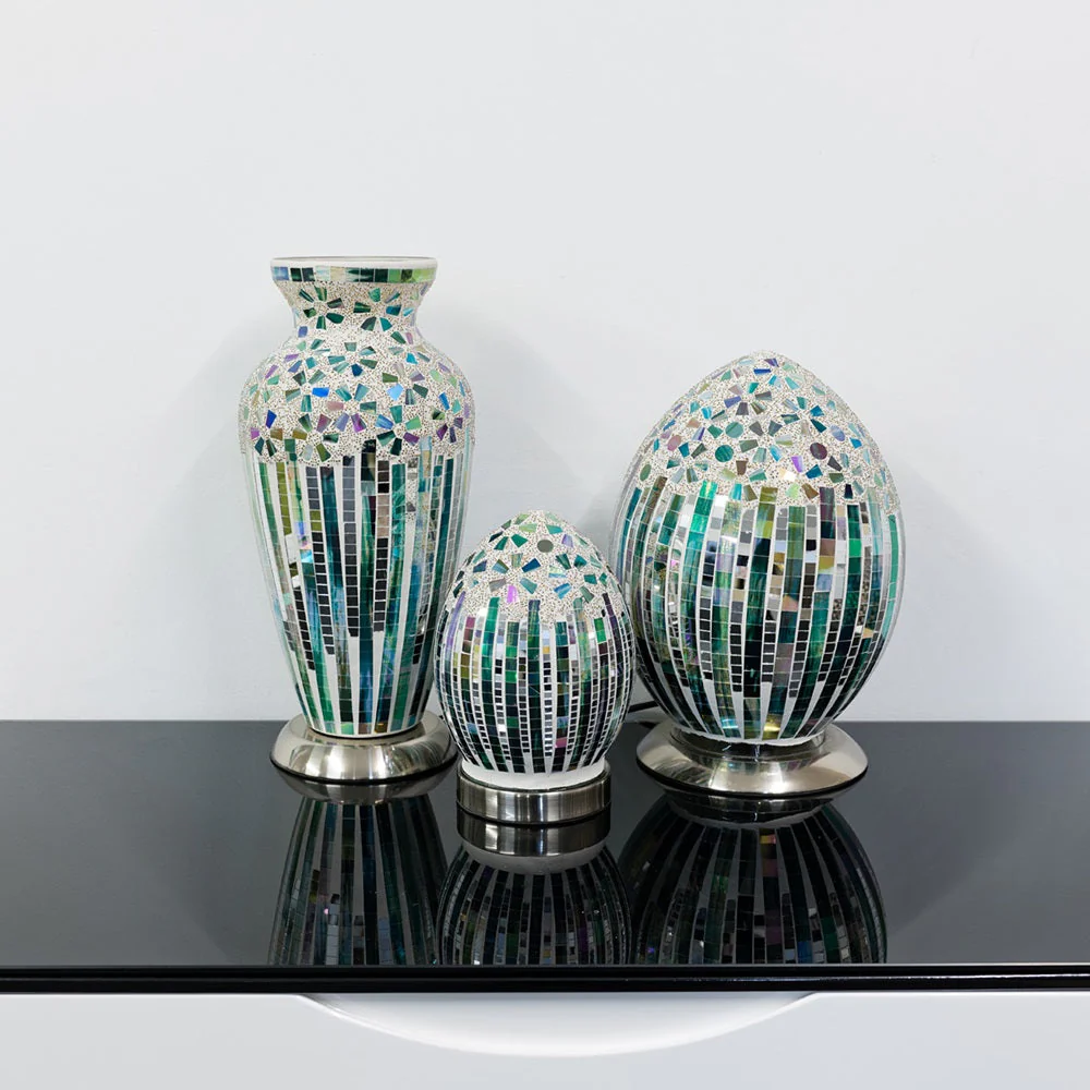 Green Art Deco Flower Mosaic Glass Vintage Vase Table Lamp 38cm - Image 3