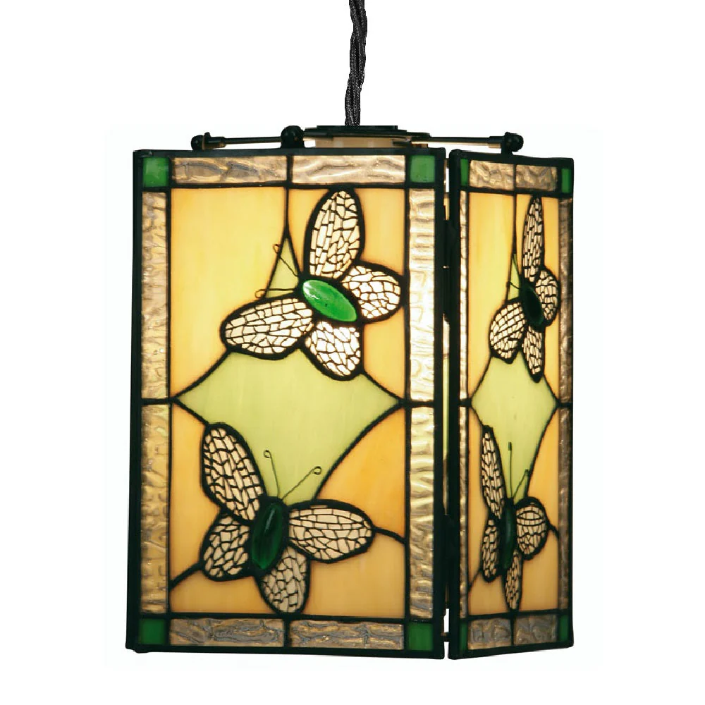 Green Butterfly Tiffany Glass Vintage Easy Fit Square Pendant 15cm - Image 3