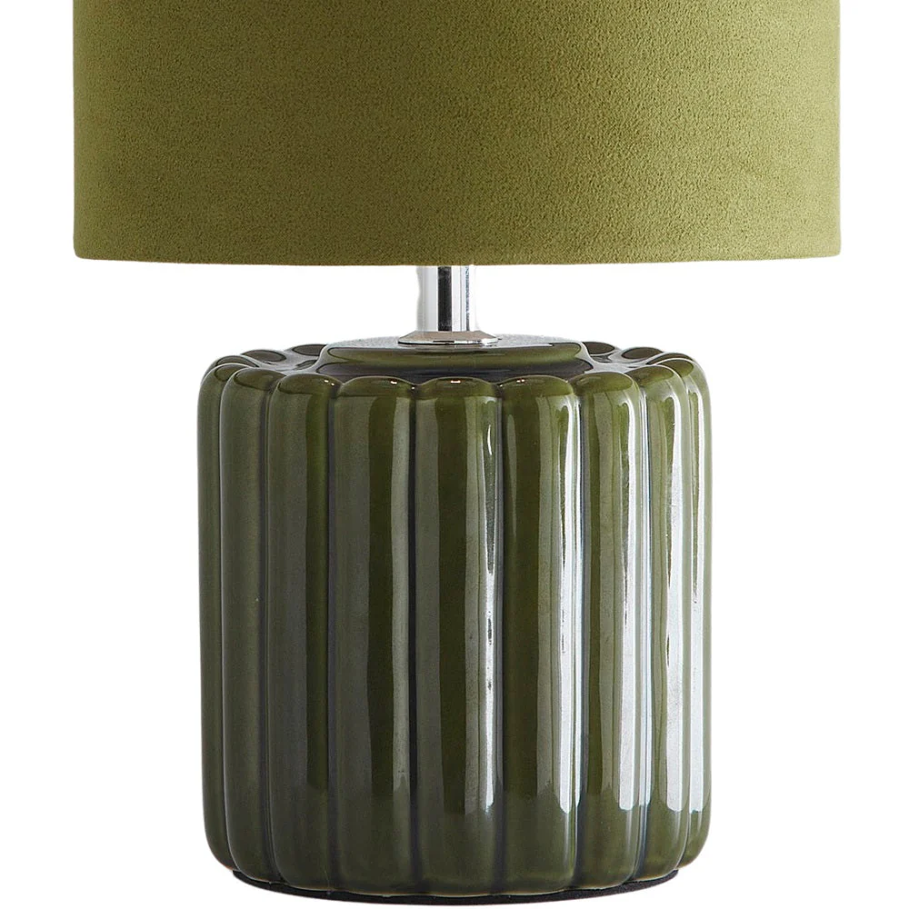 Green Ribbed Ceramic Vintage Table Lamp with Velvet Drum Shade 33cm - Image 2