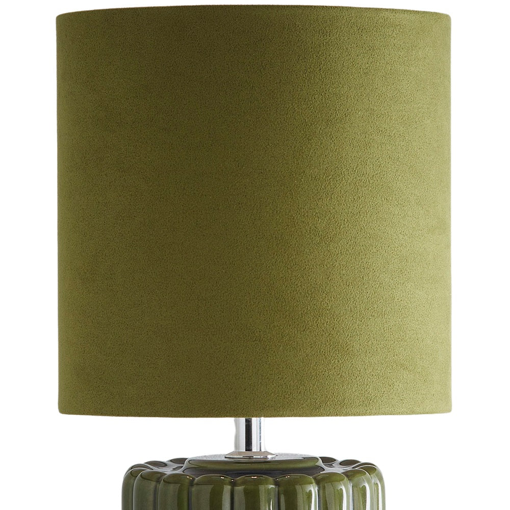 Green Ribbed Ceramic Vintage Table Lamp with Velvet Drum Shade 33cm - Image 3