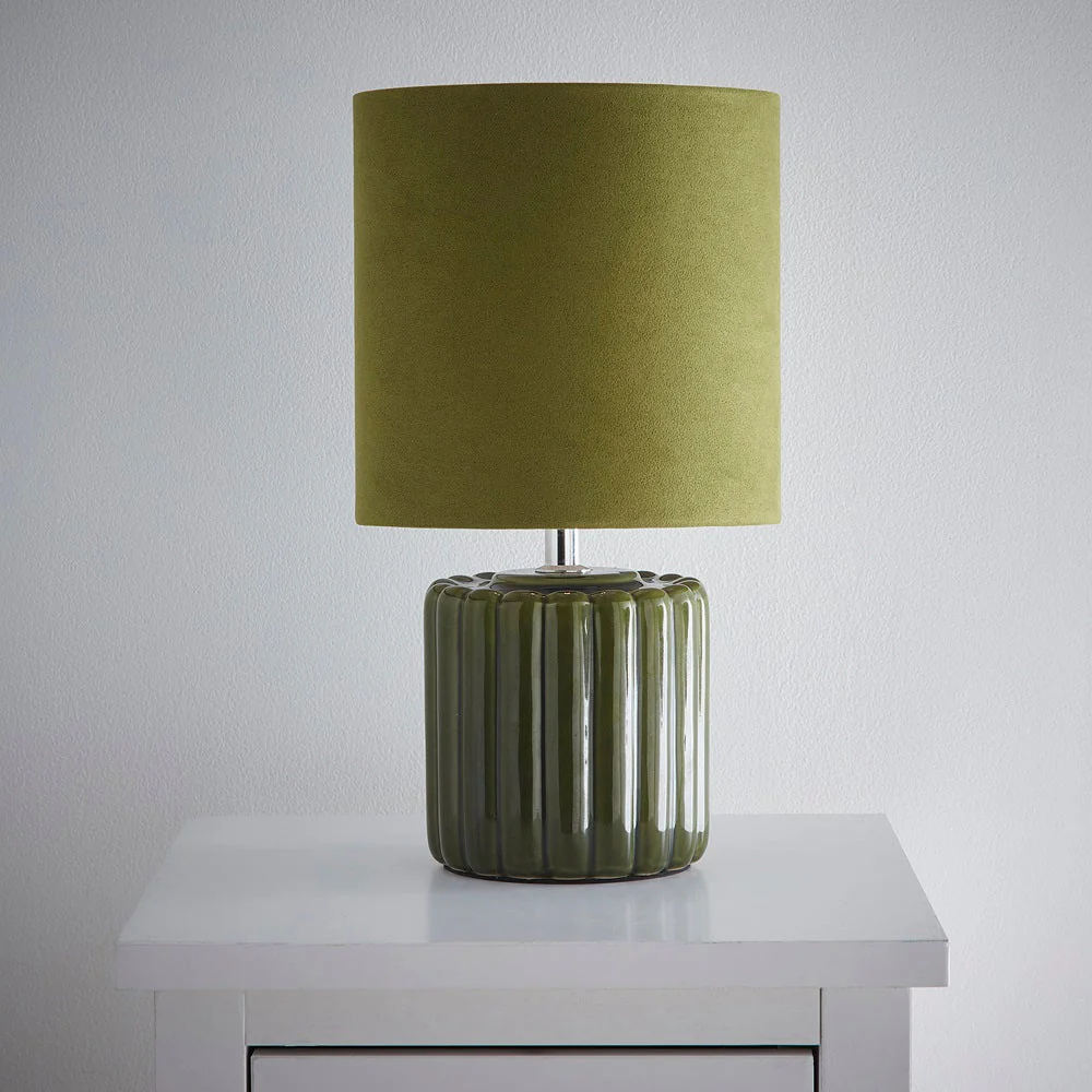 Green Ribbed Ceramic Vintage Table Lamp with Velvet Drum Shade 33cm - Image 4