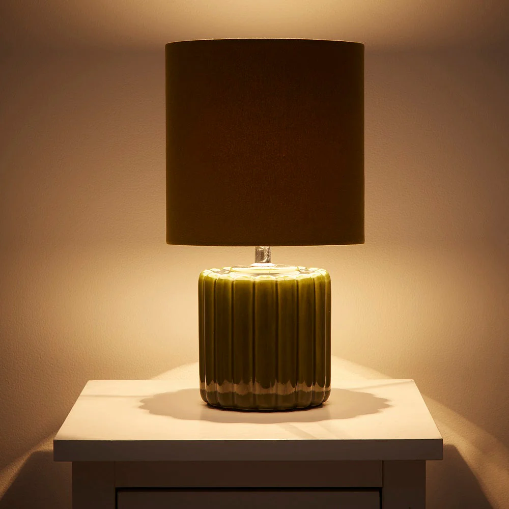 Green Ribbed Ceramic Vintage Table Lamp with Velvet Drum Shade 33cm - Image 5