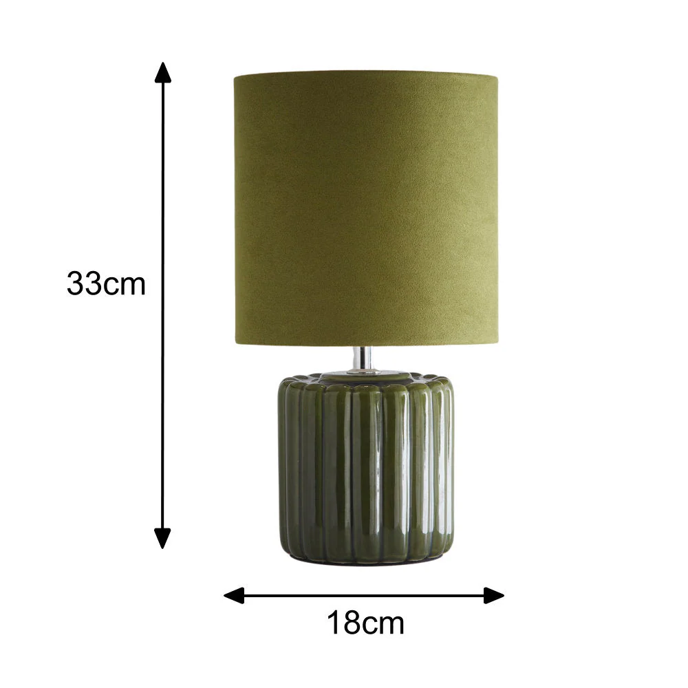Green Ribbed Ceramic Vintage Table Lamp with Velvet Drum Shade 33cm - Image 6