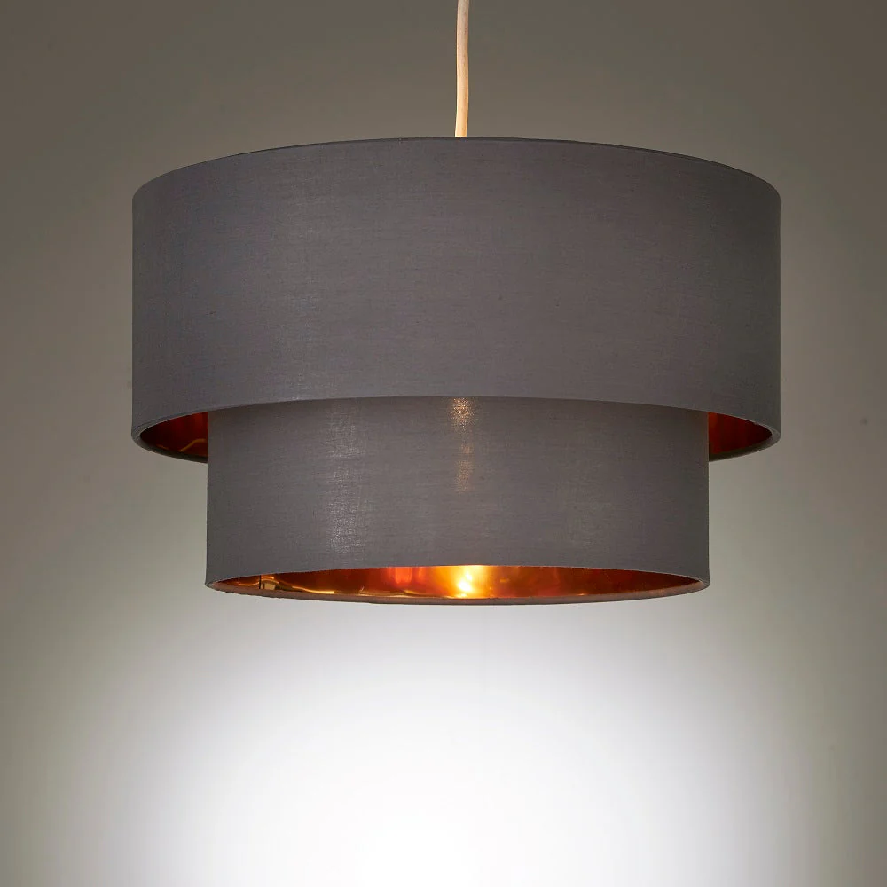 Grey Fabric and Gold Inner Two Tier Modern Easy Fit Drum Lampshade 360mm - Image 2