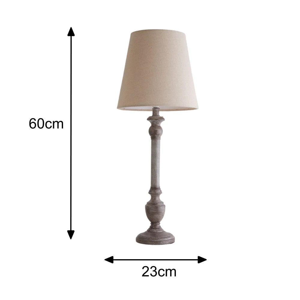 Grey Resin Vintage Candlestick Table Lamp with Natural Linen Shade 60cm - Image 6