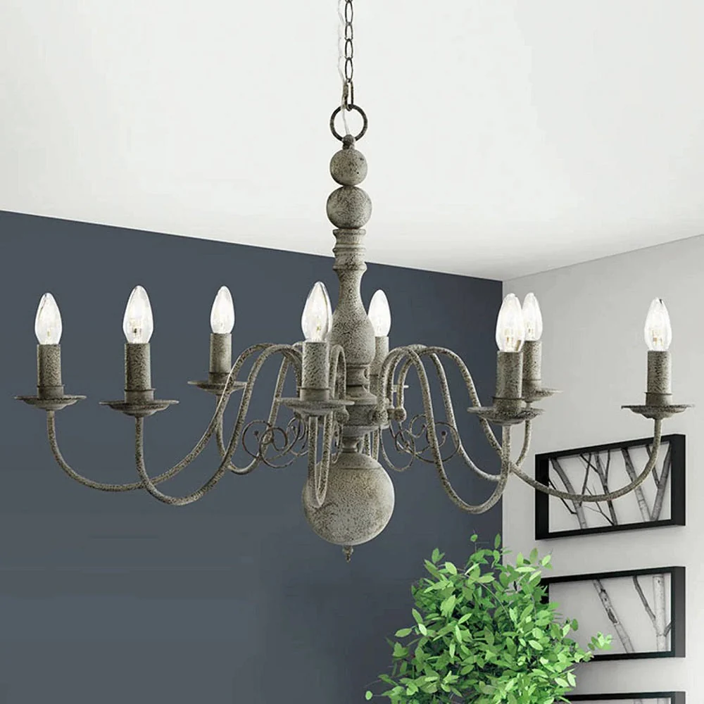Grey Textured Metal Vintage Shabby Chic 8 Lamp Pendant Light 63cm - Image 4