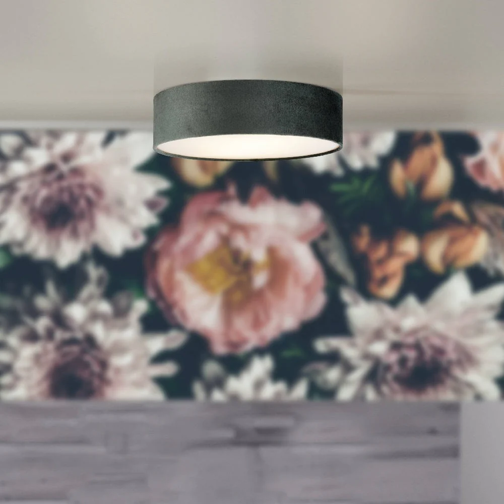 Grey Velvet & Opal Diffuser Vintage Round Flush Drum Light 38cm - Image 6