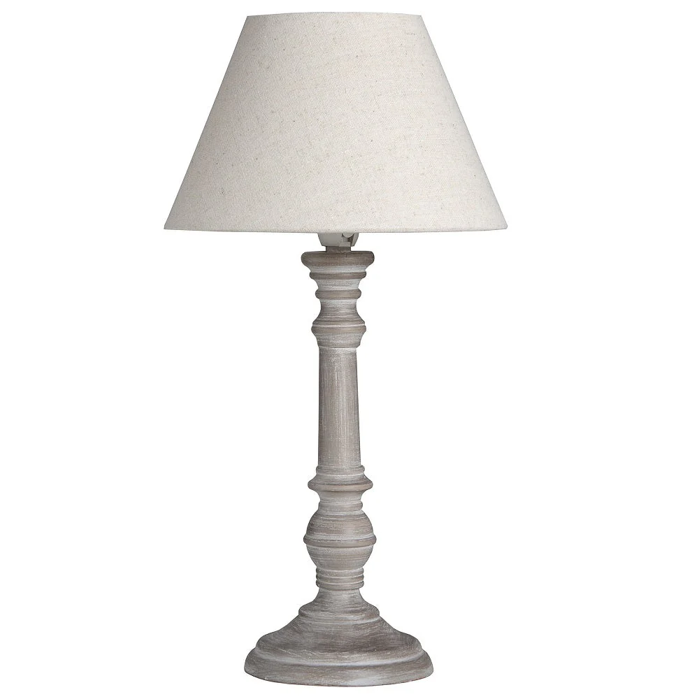 Grey Washed Wood Vintage Rustic Table Lamp with Linen Fabric Shade 38cm
