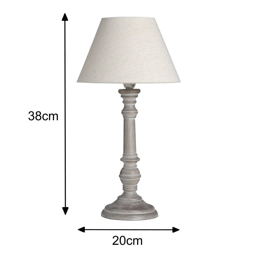 Grey Washed Wood Vintage Rustic Table Lamp with Linen Fabric Shade 38cm - Image 6