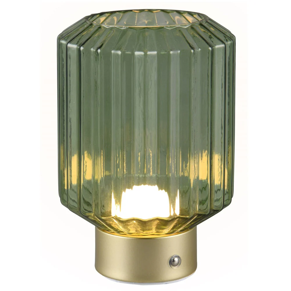LED Matt Brass & Green Ripple Glass USB Rechargeable Touch Table Lamp 19cm - Image 3