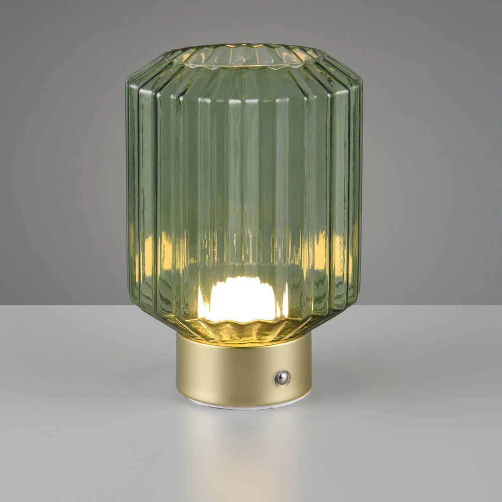 LED Matt Brass & Green Ripple Glass USB Rechargeable Touch Table Lamp 19cm - Image 4