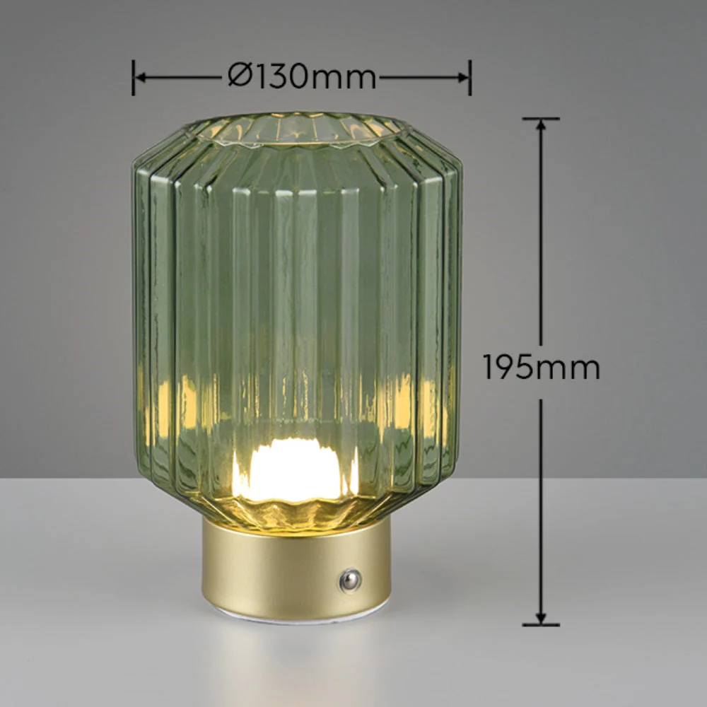 LED Matt Brass & Green Ripple Glass USB Rechargeable Touch Table Lamp 19cm - Image 5