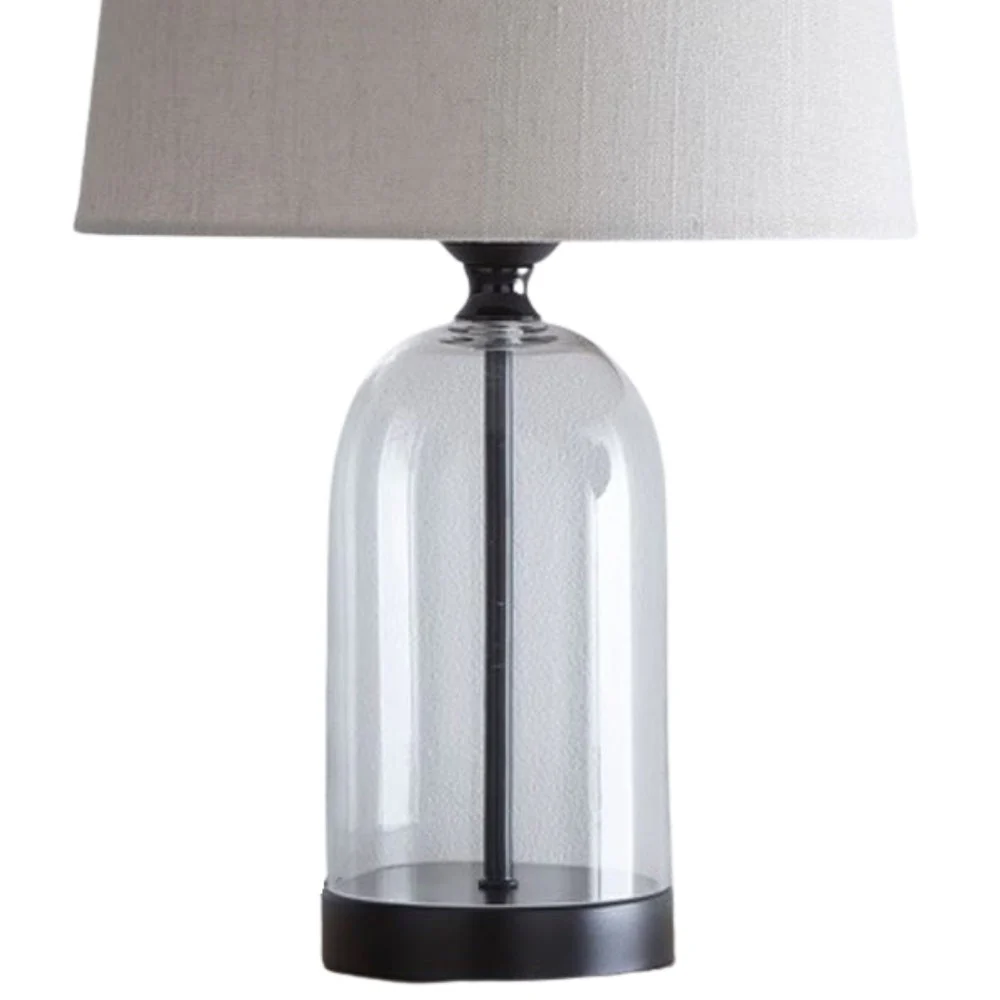 Matt Black & Clear Glass Bell Jar Table Lamp with Natural Linen Shade 48cm - Image 2