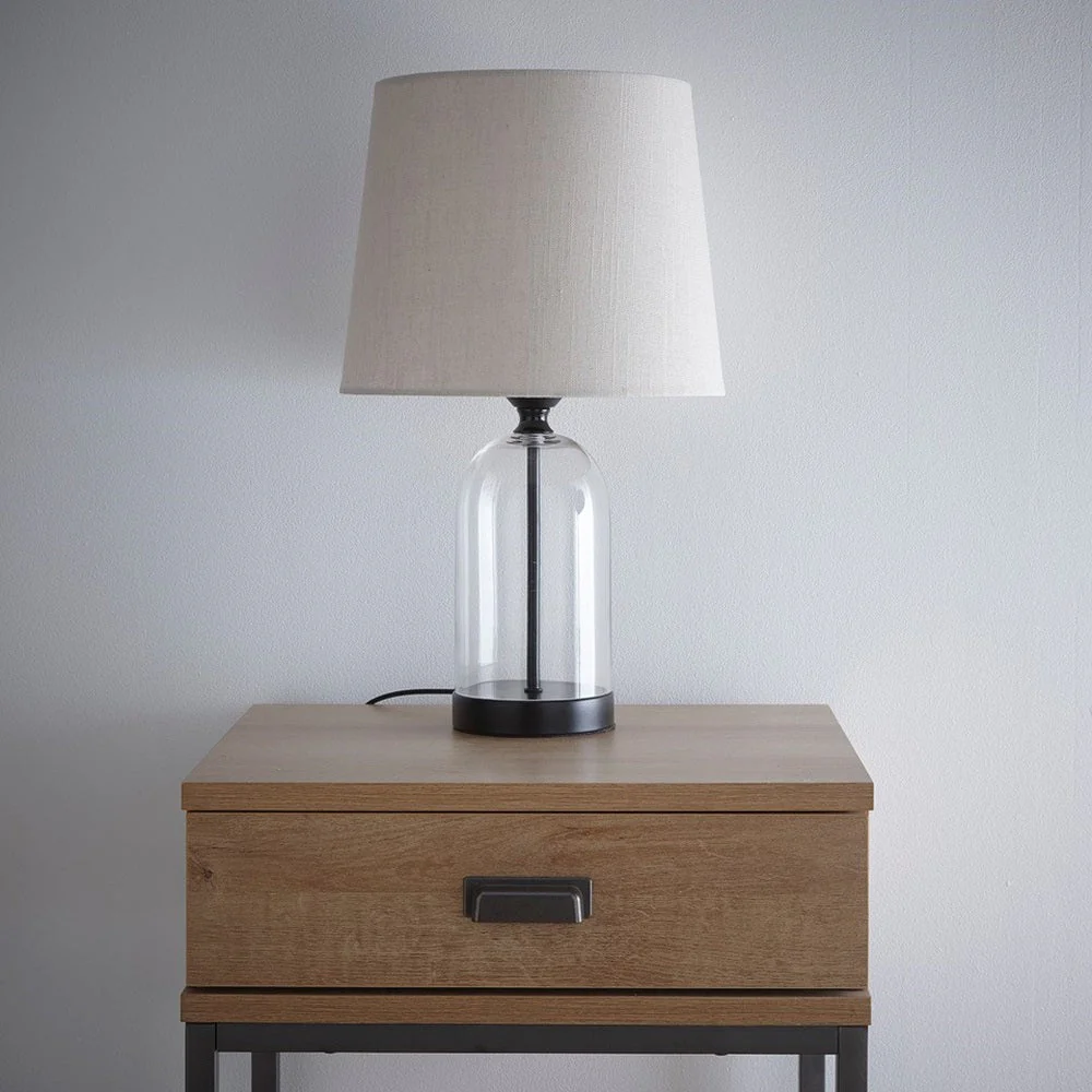 Matt Black & Clear Glass Bell Jar Table Lamp with Natural Linen Shade 48cm - Image 4