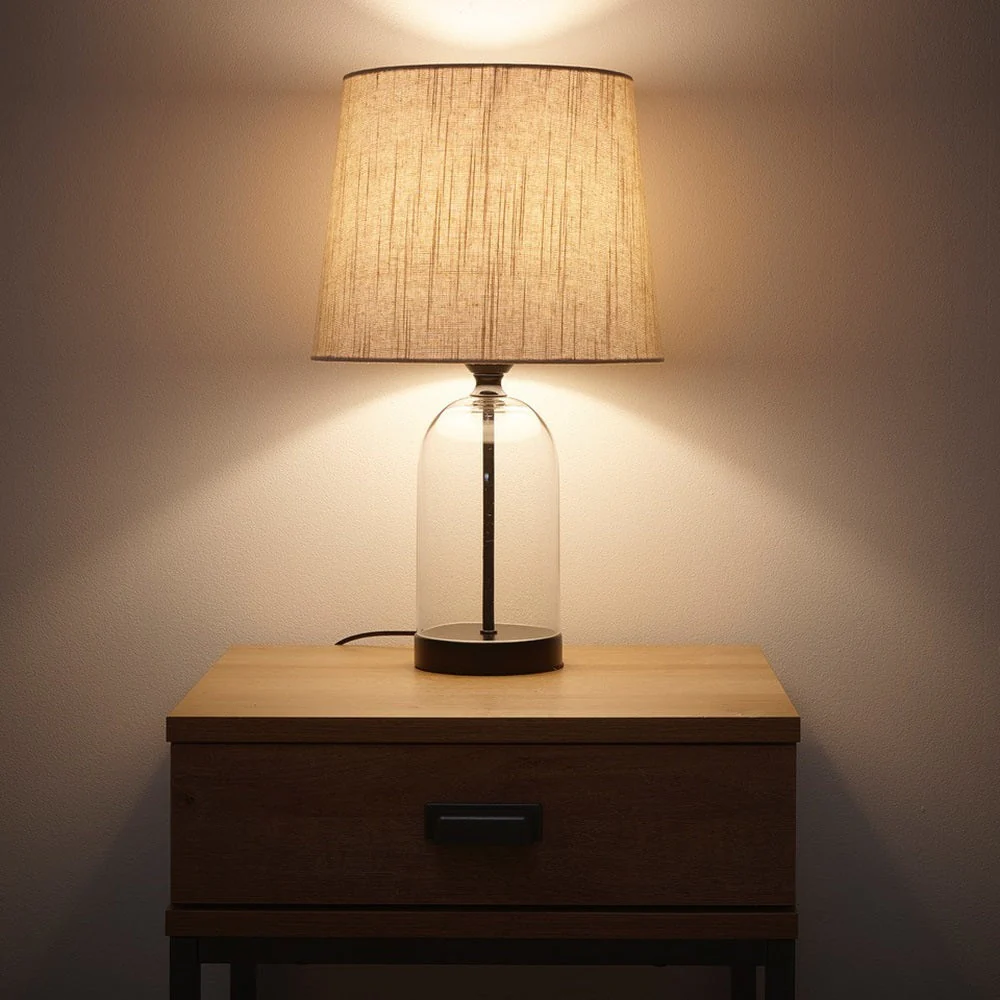 Matt Black & Clear Glass Bell Jar Table Lamp with Natural Linen Shade 48cm - Image 5