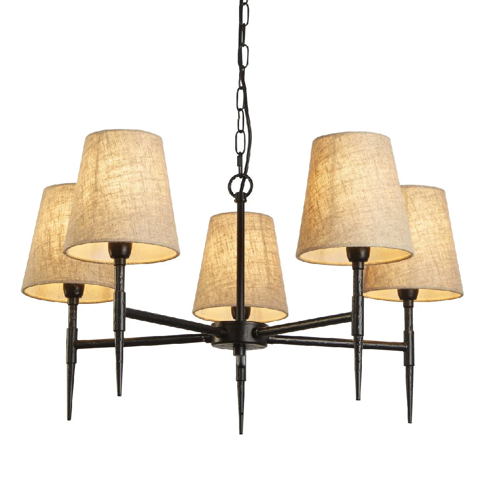 Matt Black Hammered Vintage 5 Lamp Pendant Light with Natural Linen Shades 66cm - Image 2