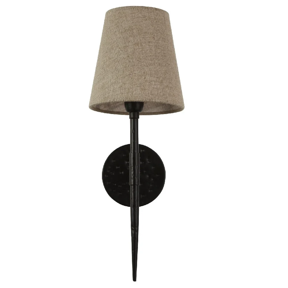 Matt Black Hammered Vintage Wall Light with Natural Linen Shade 43cm - Image 2