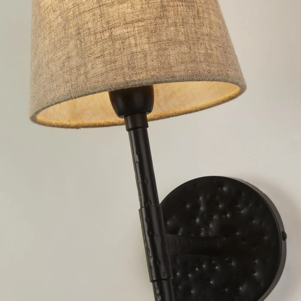 Matt Black Hammered Vintage Wall Light with Natural Linen Shade 43cm - Image 5