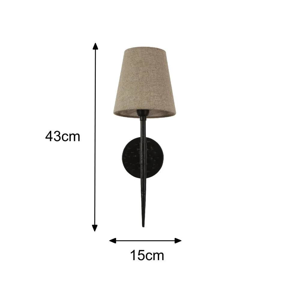 Matt Black Hammered Vintage Wall Light with Natural Linen Shade 43cm - Image 6