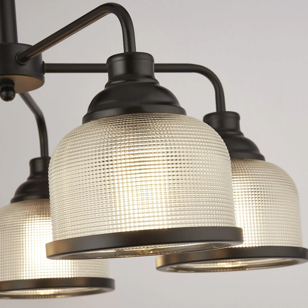 Matt Black & Holophane Glass Vintage Dome 5 Lamp Pendant Light 58cm - Image 4