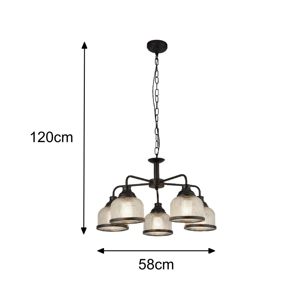Matt Black & Holophane Glass Vintage Dome 5 Lamp Pendant Light 58cm - Image 5