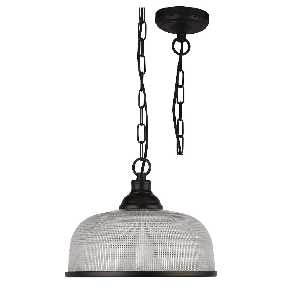Matt Black & Holophane Glass Vintage Dome Pendant Light 27cm