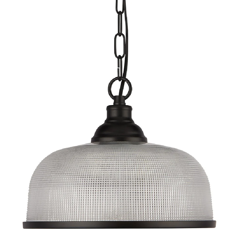 Matt Black & Holophane Glass Vintage Dome Pendant Light 27cm - Image 2