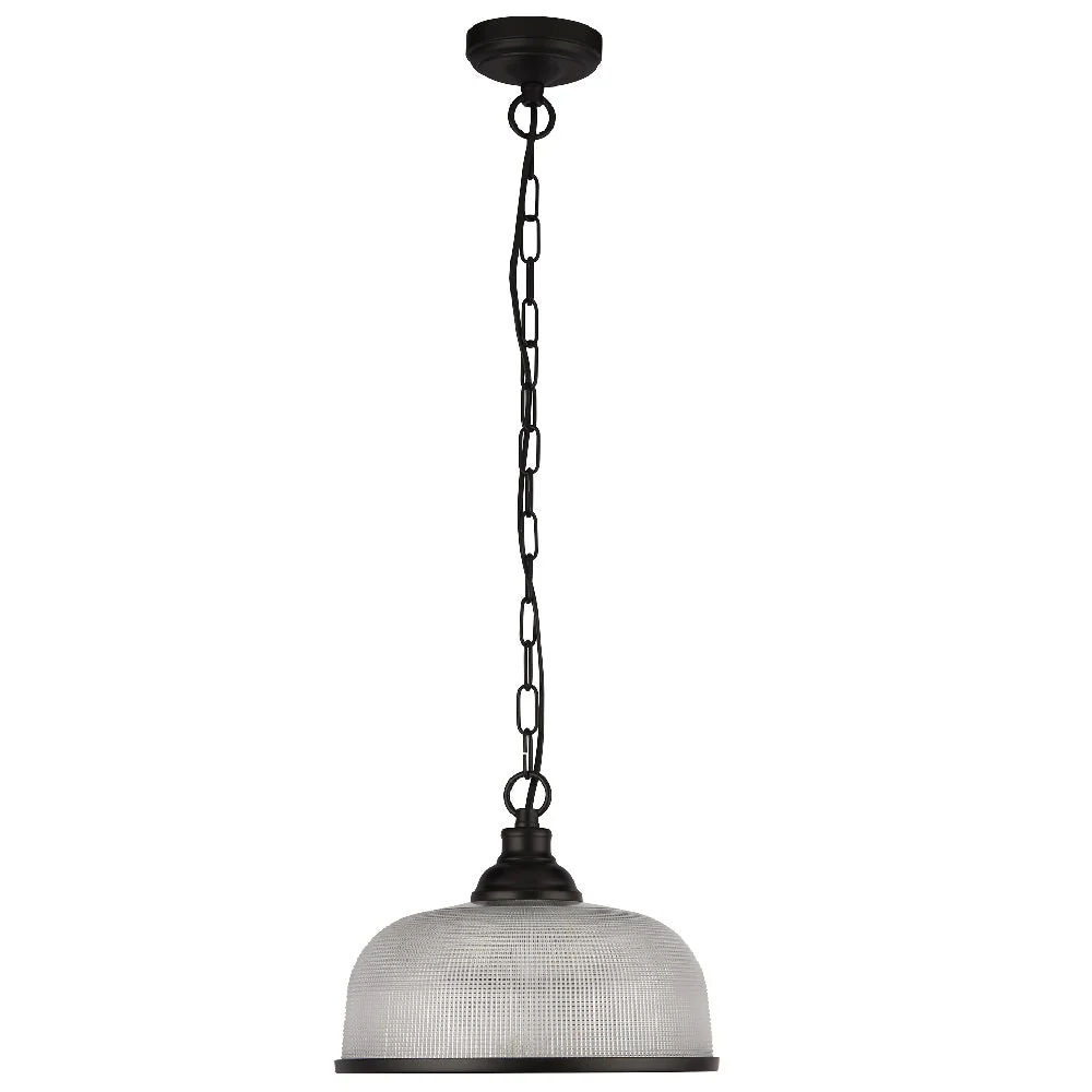 Matt Black & Holophane Glass Vintage Dome Pendant Light 27cm - Image 3